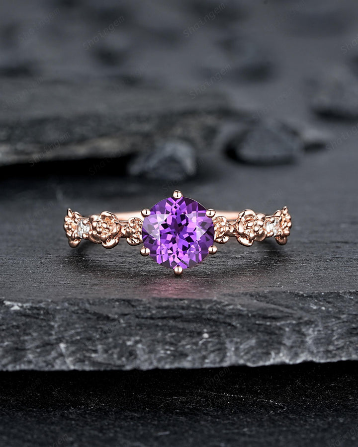 Nature Inspired Round Cut Violet Purple Sapphire Engagement Ring, Vintage Rose Flower Wedding Ring, Rose Gold Floral Promise Ring Gift Women - ShainJewelry