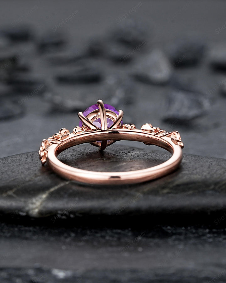 Nature Inspired Round Cut Violet Purple Sapphire Engagement Ring, Vintage Rose Flower Wedding Ring, Rose Gold Floral Promise Ring Gift Women - ShainJewelry