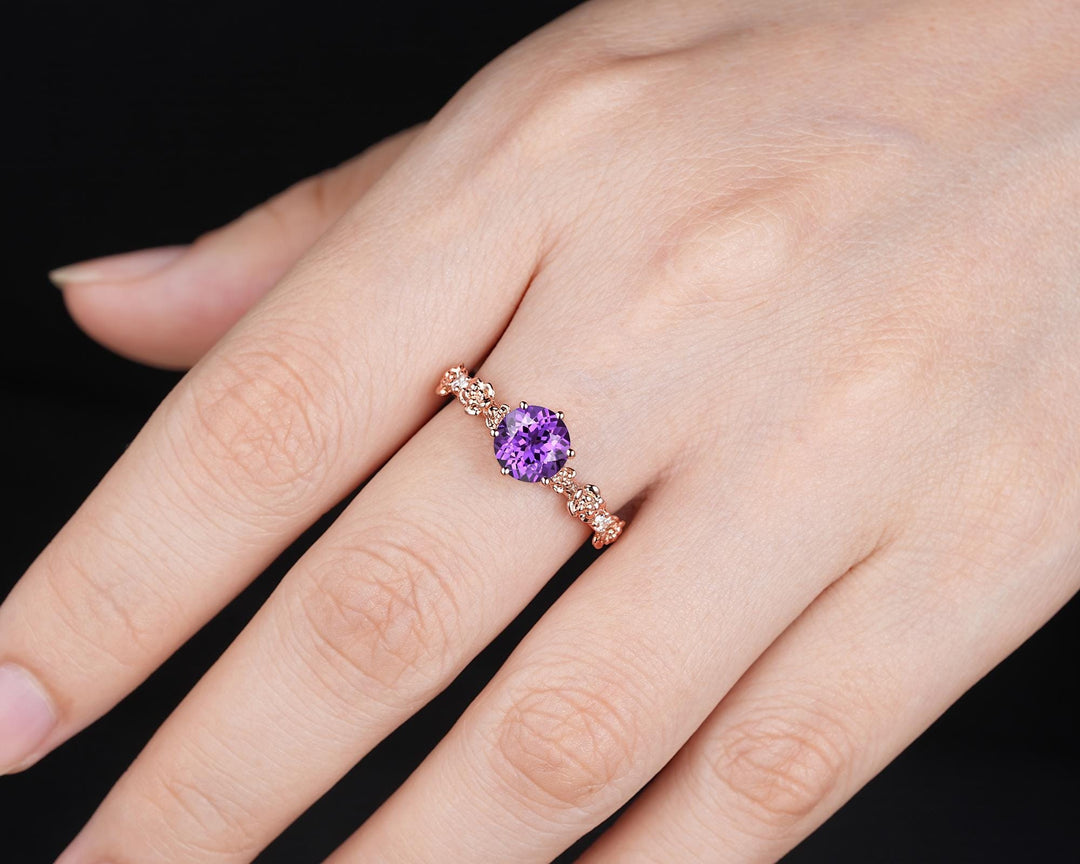 Nature Inspired Round Cut Violet Purple Sapphire Engagement Ring, Vintage Rose Flower Wedding Ring, Rose Gold Floral Promise Ring Gift Women - ShainJewelry