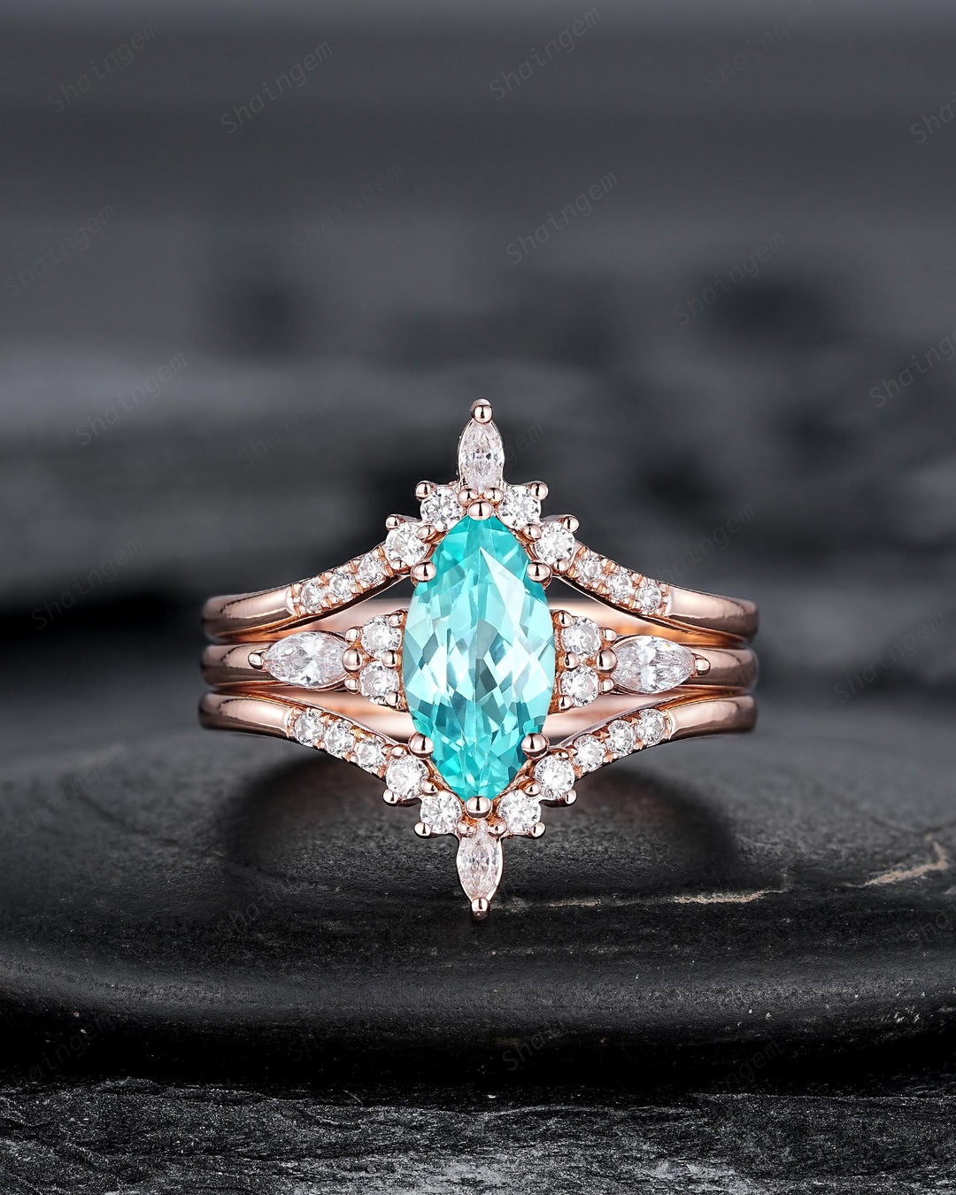3PCS Vintage Marquise Cut Paraiba Blue Tourmaline Engagement Ring Set, V Shape Rose Gold Neon Blue Stone Promise Wedding Ring Gift for Women - ShainJewelry
