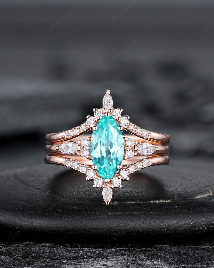 3PCS Vintage Marquise Cut Paraiba Blue Tourmaline Engagement Ring Set, V Shape Rose Gold Neon Blue Stone Promise Wedding Ring Gift for Women - ShainJewelry