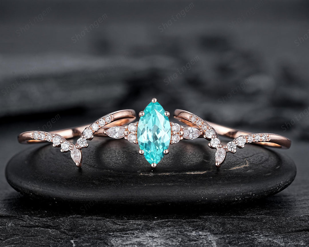 3PCS Vintage Marquise Cut Paraiba Blue Tourmaline Engagement Ring Set, V Shape Rose Gold Neon Blue Stone Promise Wedding Ring Gift for Women - ShainJewelry