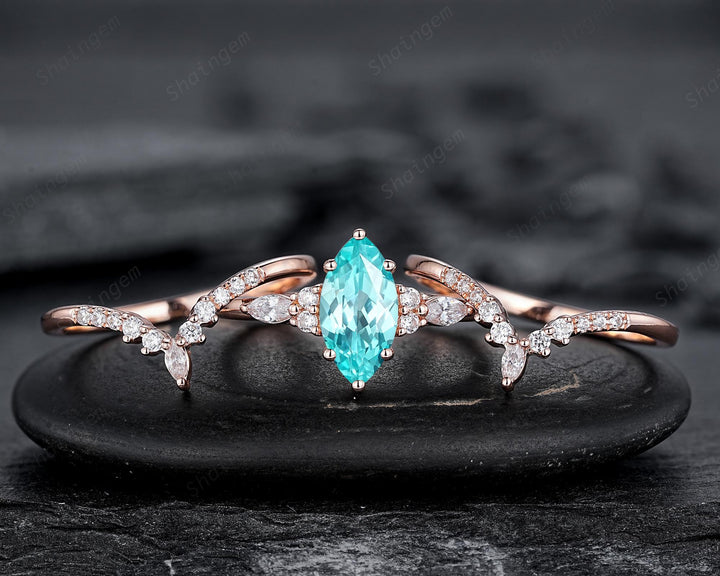 3PCS Vintage Marquise Cut Paraiba Blue Tourmaline Engagement Ring Set, V Shape Rose Gold Neon Blue Stone Promise Wedding Ring Gift for Women - ShainJewelry