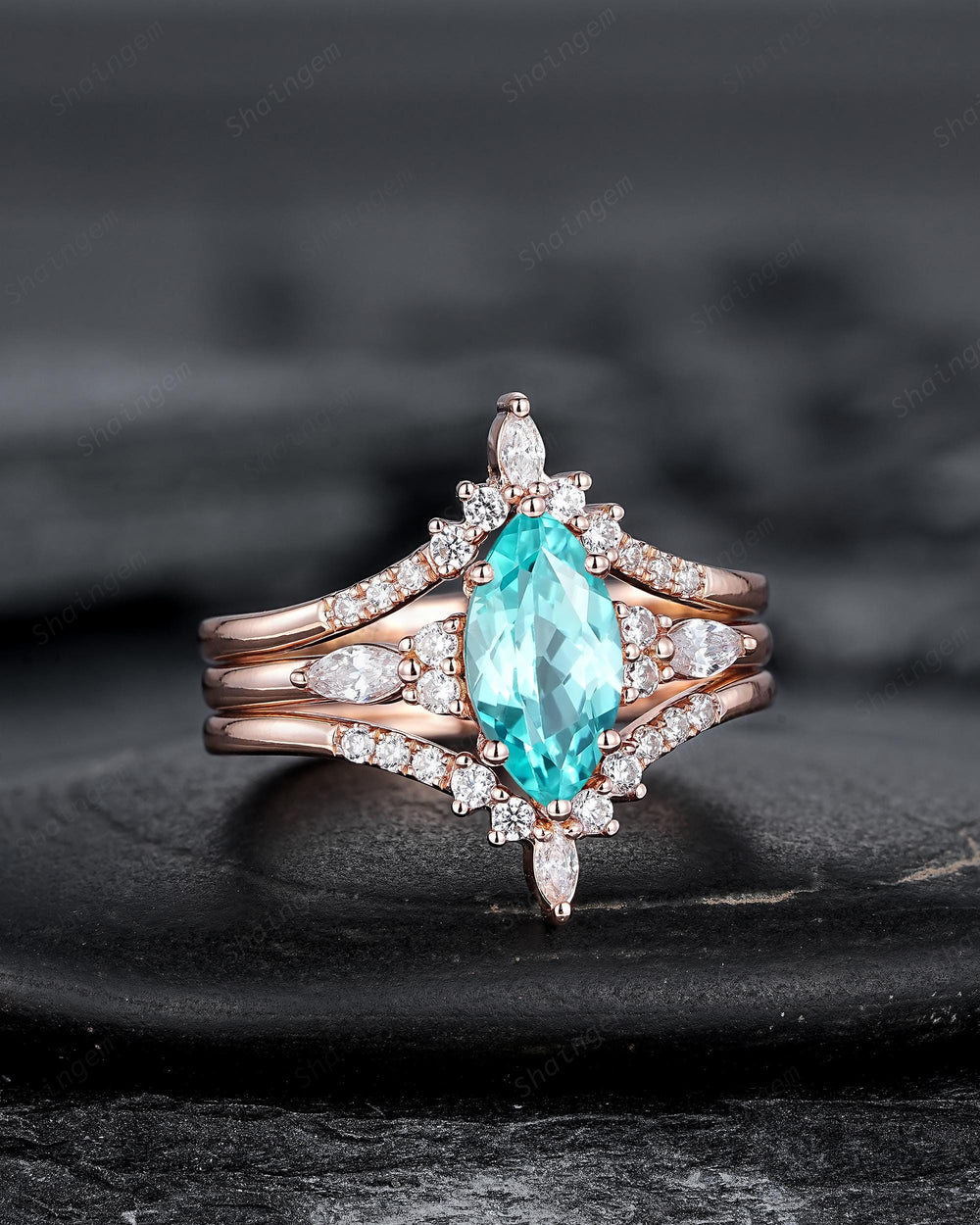 3PCS Vintage Marquise Cut Paraiba Blue Tourmaline Engagement Ring Set, V Shape Rose Gold Neon Blue Stone Promise Wedding Ring Gift for Women - ShainJewelry