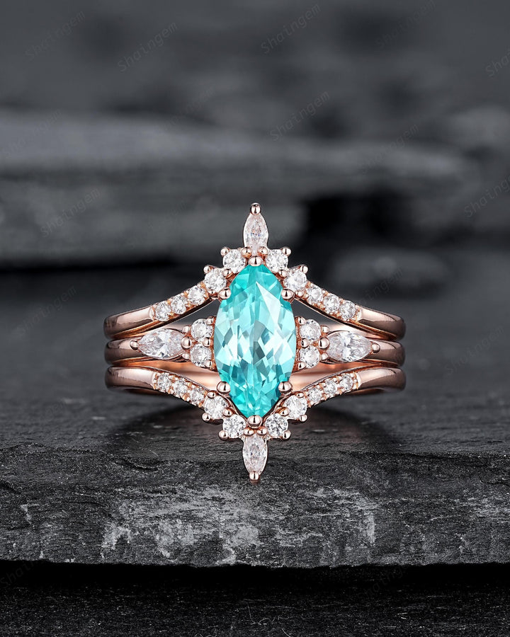 3PCS Vintage Marquise Cut Paraiba Blue Tourmaline Engagement Ring Set, V Shape Rose Gold Neon Blue Stone Promise Wedding Ring Gift for Women - ShainJewelry