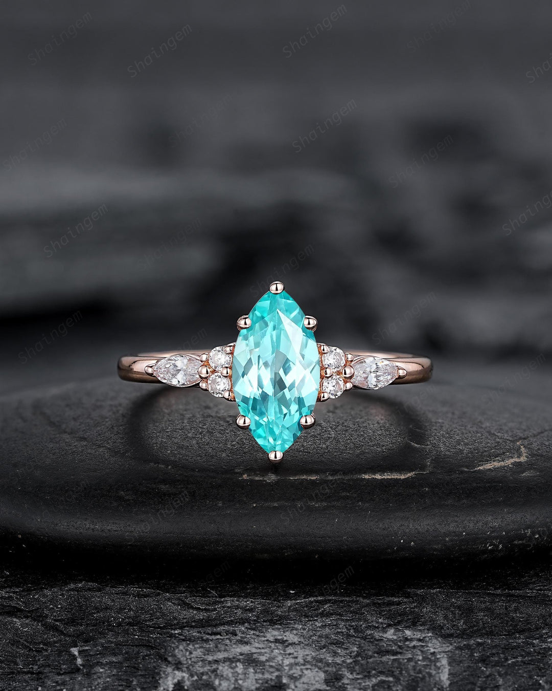 3PCS Vintage Marquise Cut Paraiba Blue Tourmaline Engagement Ring Set, V Shape Rose Gold Neon Blue Stone Promise Wedding Ring Gift for Women - ShainJewelry