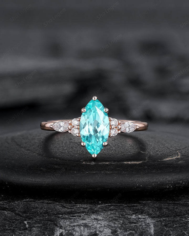 3PCS Vintage Marquise Cut Paraiba Blue Tourmaline Engagement Ring Set, V Shape Rose Gold Neon Blue Stone Promise Wedding Ring Gift for Women - ShainJewelry