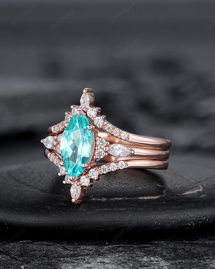 3PCS Vintage Marquise Cut Paraiba Blue Tourmaline Engagement Ring Set, V Shape Rose Gold Neon Blue Stone Promise Wedding Ring Gift for Women - ShainJewelry