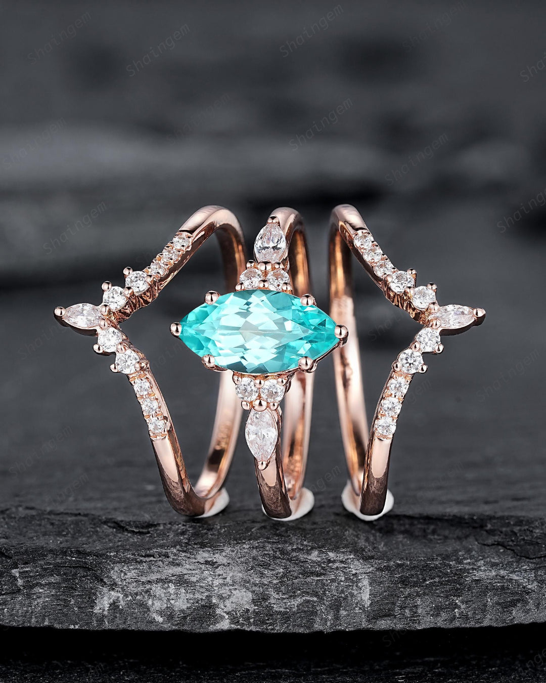 3PCS Vintage Marquise Cut Paraiba Blue Tourmaline Engagement Ring Set, V Shape Rose Gold Neon Blue Stone Promise Wedding Ring Gift for Women - ShainJewelry