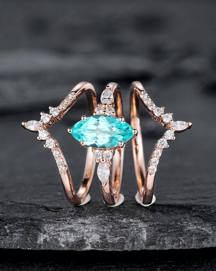 3PCS Vintage Marquise Cut Paraiba Blue Tourmaline Engagement Ring Set, V Shape Rose Gold Neon Blue Stone Promise Wedding Ring Gift for Women - ShainJewelry