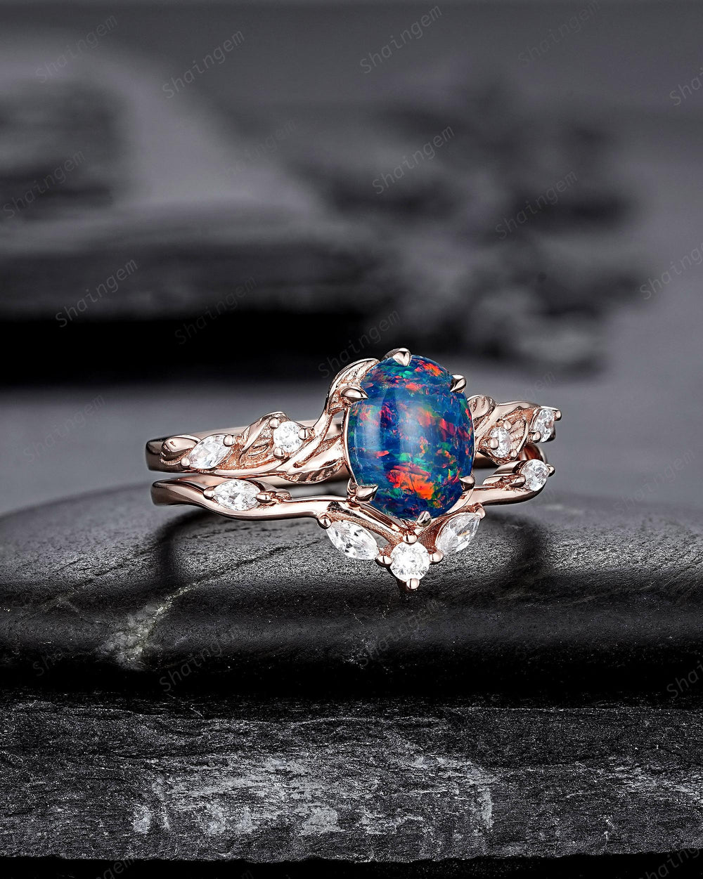 Nature Inspired Oval Shape Black Fire Opal and Diamond Engagement Ring Set, Unique Twig Vine Rose Gold Promise Anniversary Ring for Women - ShainJewelry