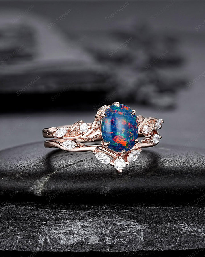 Nature Inspired Oval Shape Black Fire Opal and Diamond Engagement Ring Set, Unique Twig Vine Rose Gold Promise Anniversary Ring for Women - ShainJewelry