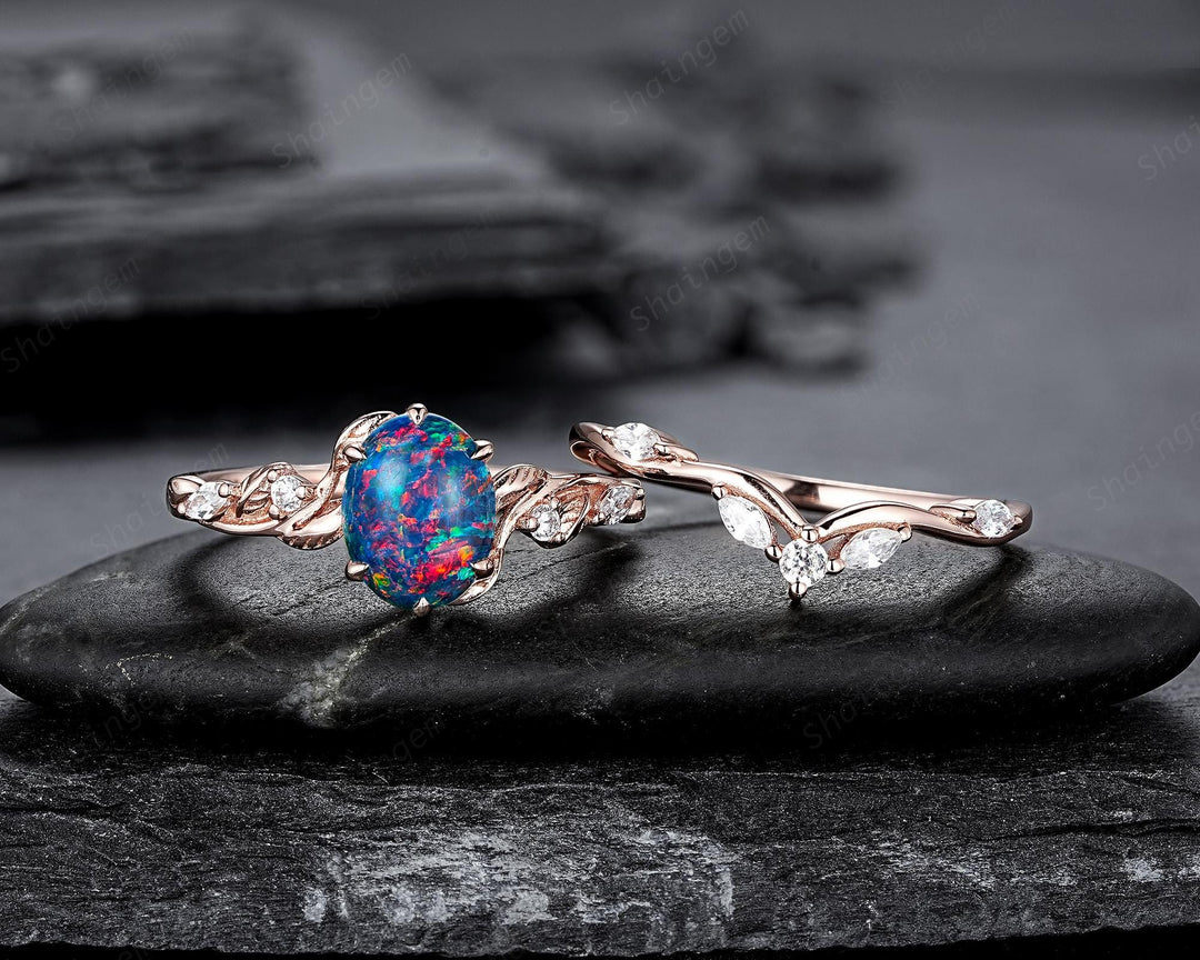Nature Inspired Oval Shape Black Fire Opal and Diamond Engagement Ring Set, Unique Twig Vine Rose Gold Promise Anniversary Ring for Women - ShainJewelry