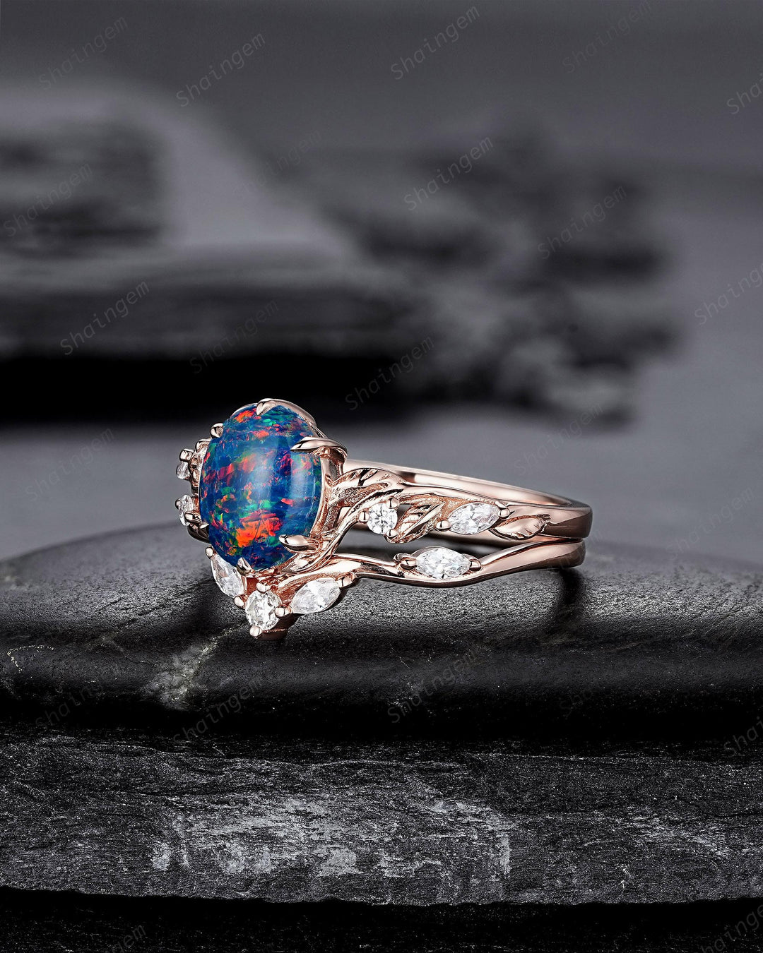 Nature Inspired Oval Shape Black Fire Opal and Diamond Engagement Ring Set, Unique Twig Vine Rose Gold Promise Anniversary Ring for Women - ShainJewelry