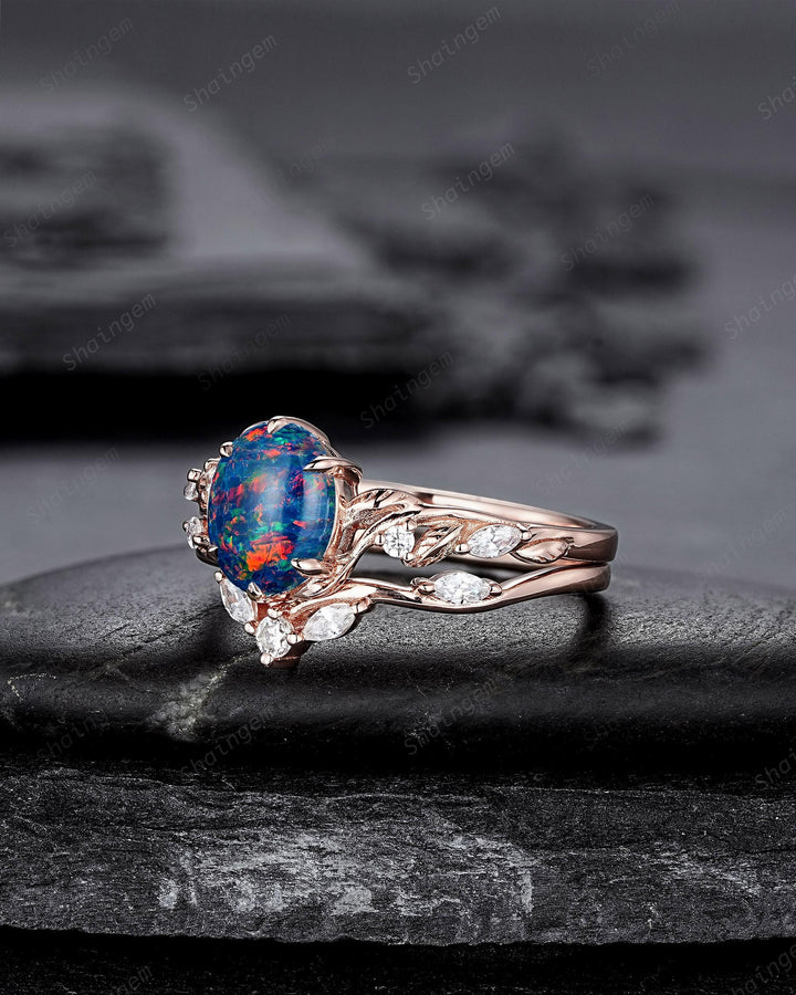 Nature Inspired Oval Shape Black Fire Opal and Diamond Engagement Ring Set, Unique Twig Vine Rose Gold Promise Anniversary Ring for Women - ShainJewelry