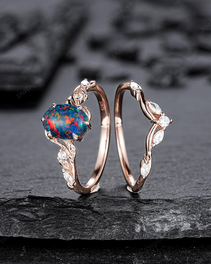 Nature Inspired Oval Shape Black Fire Opal and Diamond Engagement Ring Set, Unique Twig Vine Rose Gold Promise Anniversary Ring for Women - ShainJewelry