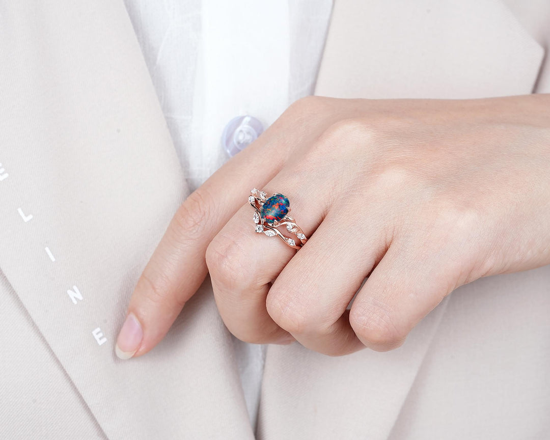 Nature Inspired Oval Shape Black Fire Opal and Diamond Engagement Ring Set, Unique Twig Vine Rose Gold Promise Anniversary Ring for Women - ShainJewelry