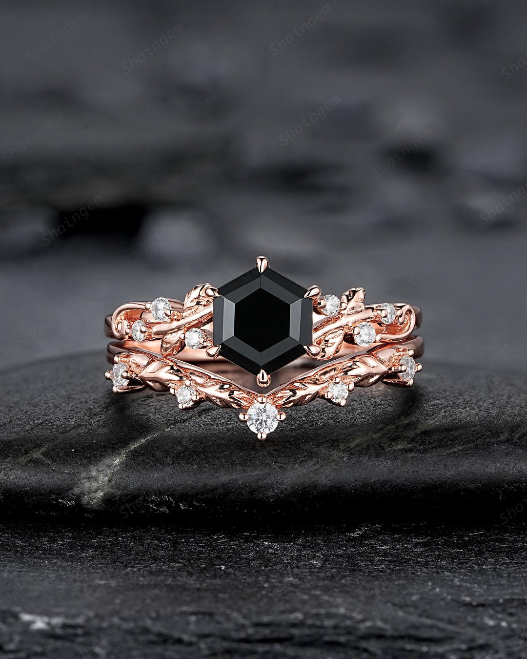 Nature Inspired Hexagon Cut Natural Black Onyx Leaf Engagement Ring, Twig Branch Rose Gold Black Stone Vine Wedding Promise Ring for Women - ShainJewelry