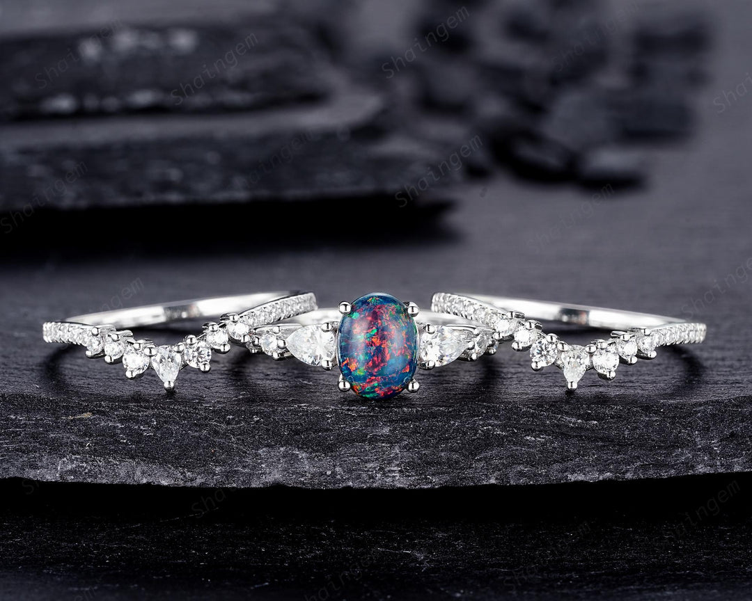 3PCS Unique Oval Shape Black Fire Opal Engagement Ring, Vintage 14K 18K White Gold Halo Wedding Ring Set, Platinum Bridal Set Promise Ring - ShainJewelry