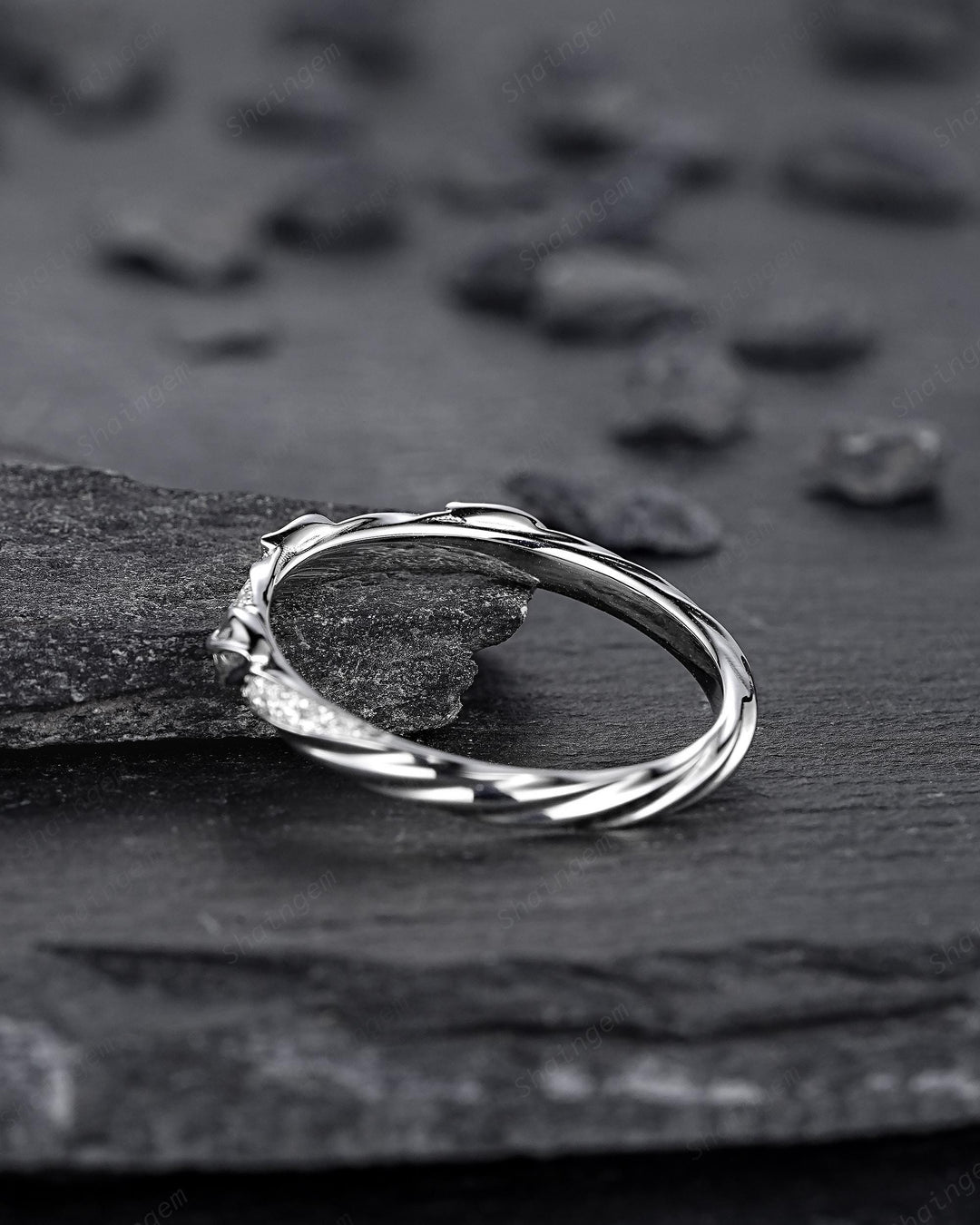 Platinum Diamond Leaf Wedding Band, Silver 925 Half Eternity Moissanite Engagement Promise Ring, Straight White Gold Matching Band for her - ShainJewelry
