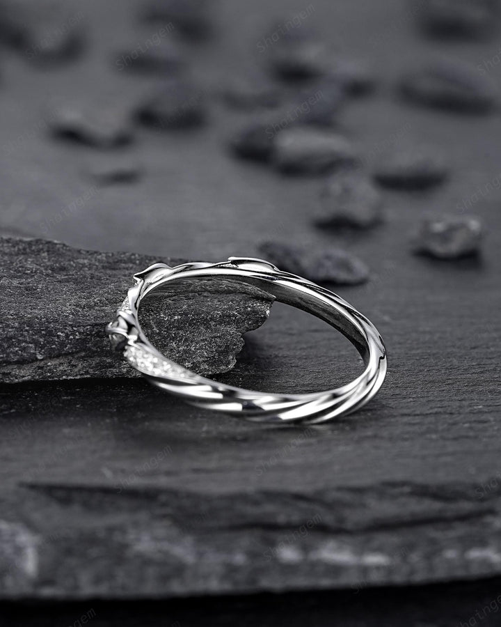 Platinum Diamond Leaf Wedding Band, Silver 925 Half Eternity Moissanite Engagement Promise Ring, Straight White Gold Matching Band for her - ShainJewelry