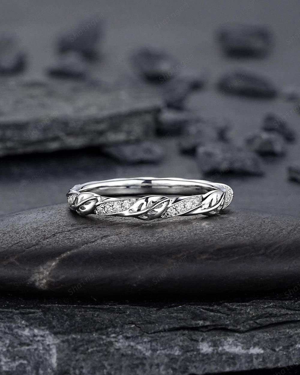 Platinum Diamond Leaf Wedding Band, Silver 925 Half Eternity Moissanite Engagement Promise Ring, Straight White Gold Matching Band for her - ShainJewelry