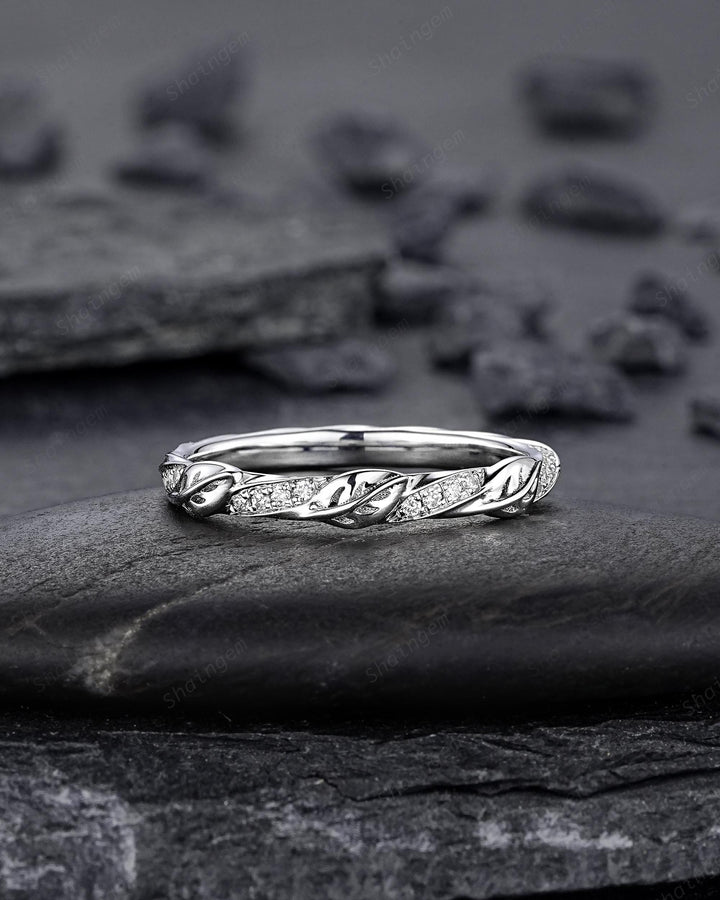 Platinum Diamond Leaf Wedding Band, Silver 925 Half Eternity Moissanite Engagement Promise Ring, Straight White Gold Matching Band for her - ShainJewelry