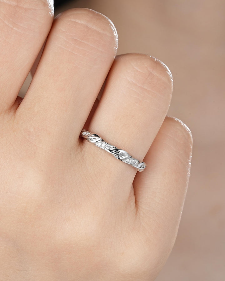 Platinum Diamond Leaf Wedding Band, Silver 925 Half Eternity Moissanite Engagement Promise Ring, Straight White Gold Matching Band for her - ShainJewelry
