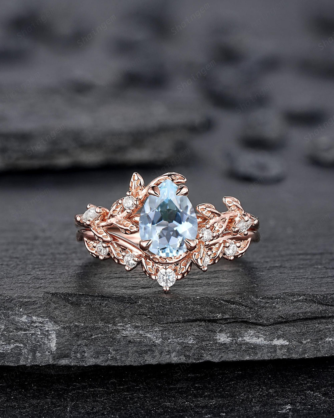 Nature Inspired Pear Shape Aquamarine Leaf Engagement Ring Rose Gold Vine Wedding Set, Twig Branch Promise Ring for Women, March Birthstone - ShainJewelry