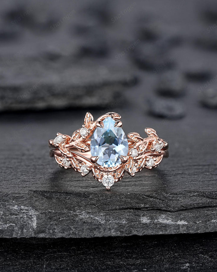 Nature Inspired Pear Shape Aquamarine Leaf Engagement Ring Rose Gold Vine Wedding Set, Twig Branch Promise Ring for Women, March Birthstone - ShainJewelry