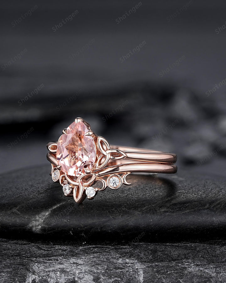Celtic Knot Pear Shape Natural Peach Morganite Engagement Ring Set, Vintage Rose Gold Wedding Ring, Promise Ring Anniversary Gift for Woman - ShainJewelry