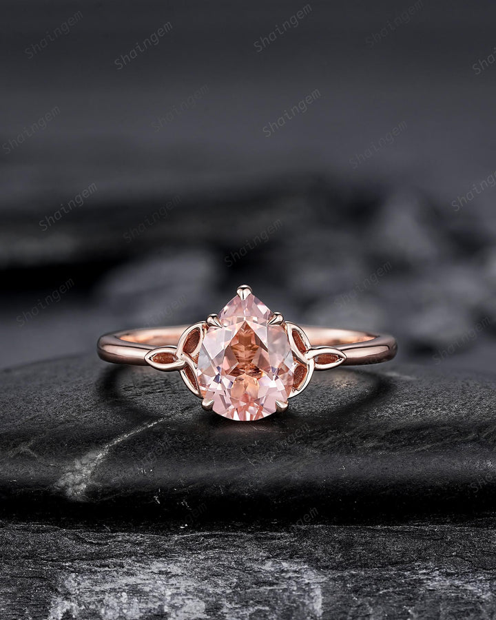 Celtic Knot Pear Shape Natural Peach Morganite Engagement Ring Set, Vintage Rose Gold Wedding Ring, Promise Ring Anniversary Gift for Woman - ShainJewelry