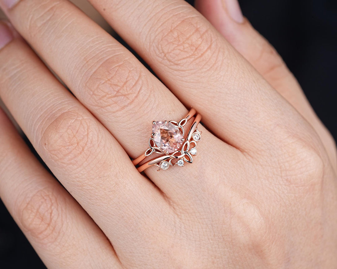 Celtic Knot Pear Shape Natural Peach Morganite Engagement Ring Set, Vintage Rose Gold Wedding Ring, Promise Ring Anniversary Gift for Woman - ShainJewelry