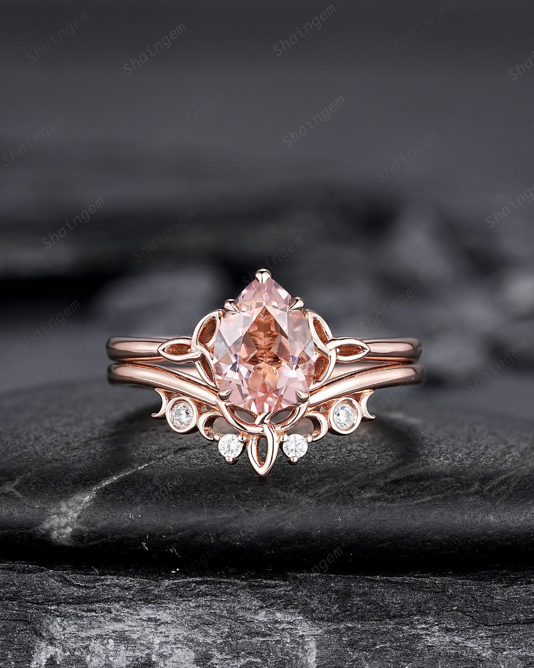 Celtic Knot Pear Shape Natural Peach Morganite Engagement Ring Set, Vintage Rose Gold Wedding Ring, Promise Ring Anniversary Gift for Woman - ShainJewelry
