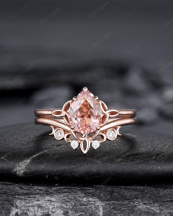 Celtic Knot Pear Shape Natural Peach Morganite Engagement Ring Set, Vintage Rose Gold Wedding Ring, Promise Ring Anniversary Gift for Woman - ShainJewelry