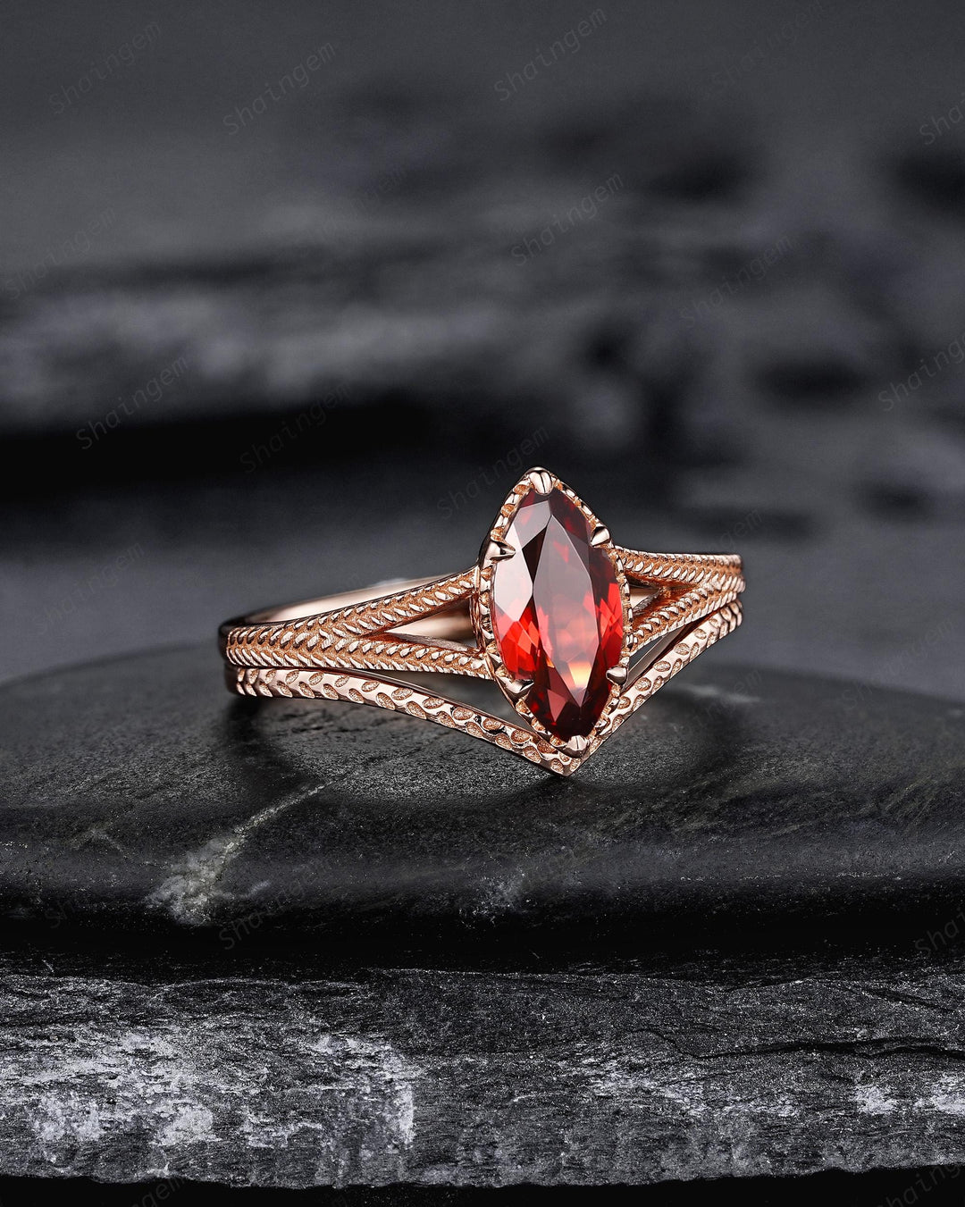 Spilt Shank Marquise Red Garnet Engagement Ring, Unique Curved Wedding Promise Ring, V Shape Milgrain Rose Gold Anniversary Ring for Woman - ShainJewelry