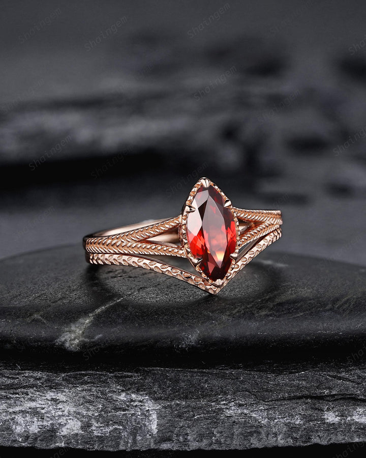 Spilt Shank Marquise Red Garnet Engagement Ring, Unique Curved Wedding Promise Ring, V Shape Milgrain Rose Gold Anniversary Ring for Woman - ShainJewelry