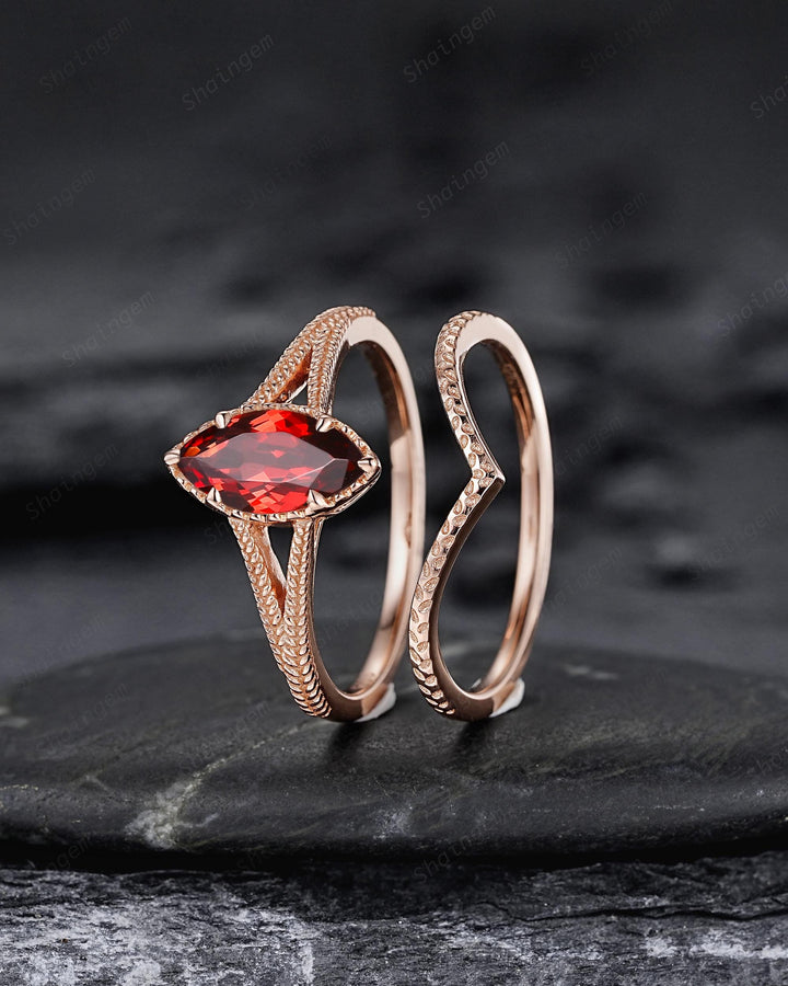 Spilt Shank Marquise Red Garnet Engagement Ring, Unique Curved Wedding Promise Ring, V Shape Milgrain Rose Gold Anniversary Ring for Woman - ShainJewelry