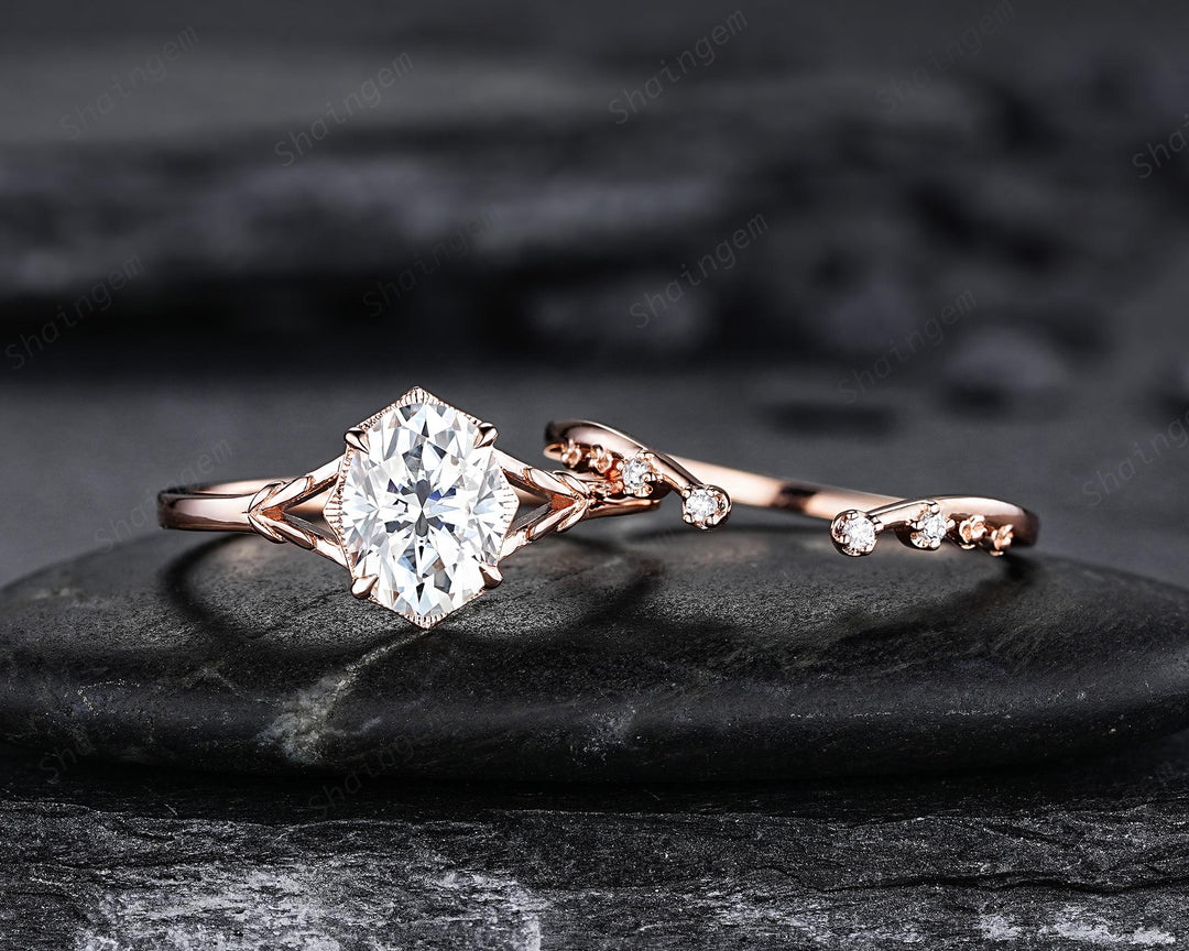 Oval Shape Moissanite Solitaire Engagement Ring Set, Open Gap Platinum Leaf Promise Ring Nature Inspired Rose Gold Wedding Ring for Women - ShainJewelry