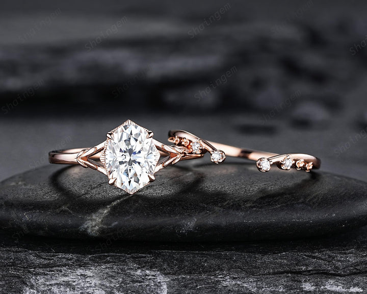 Oval Shape Moissanite Solitaire Engagement Ring Set, Open Gap Platinum Leaf Promise Ring Nature Inspired Rose Gold Wedding Ring for Women - ShainJewelry
