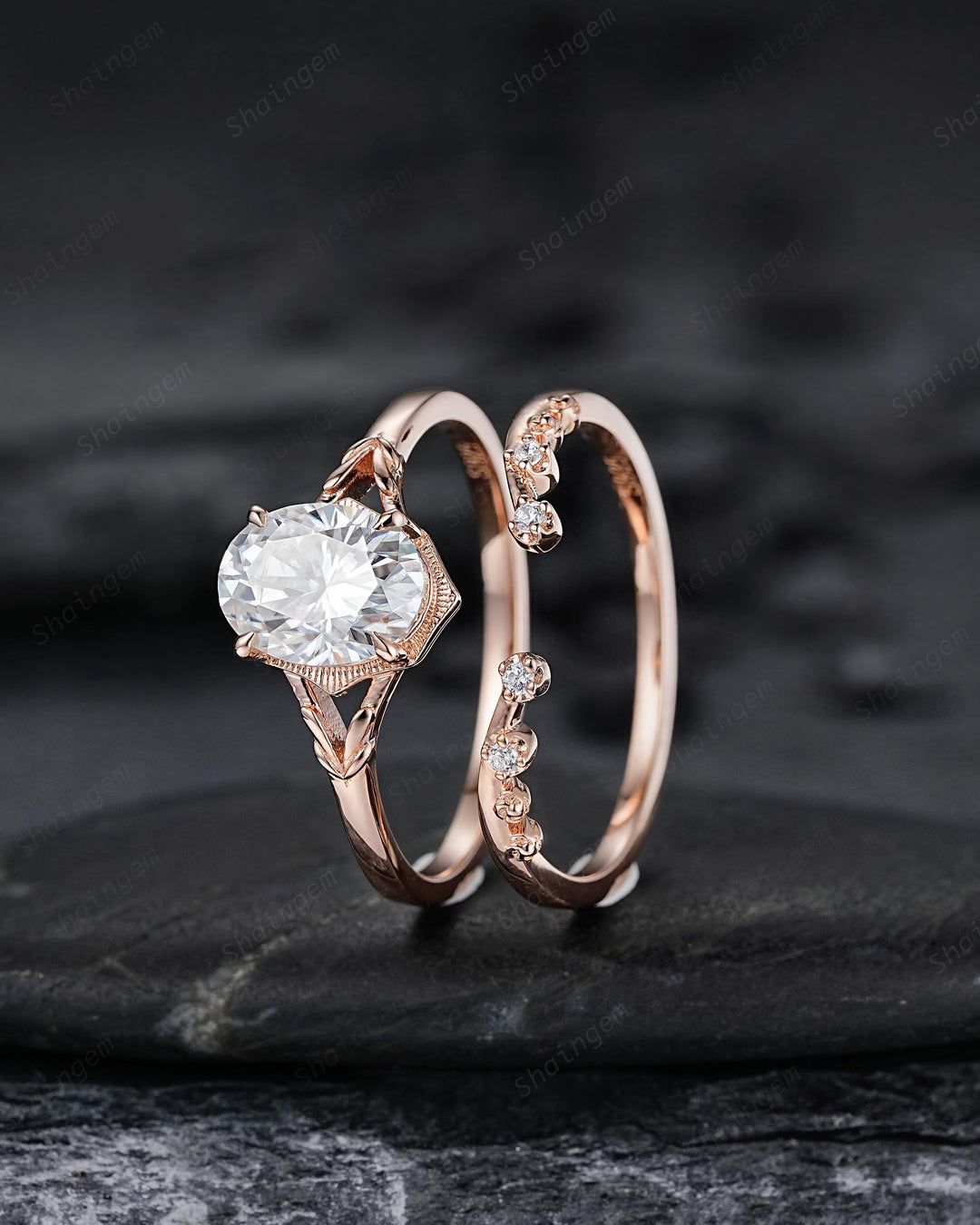 Oval Shape Moissanite Solitaire Engagement Ring Set, Open Gap Platinum Leaf Promise Ring Nature Inspired Rose Gold Wedding Ring for Women - ShainJewelry
