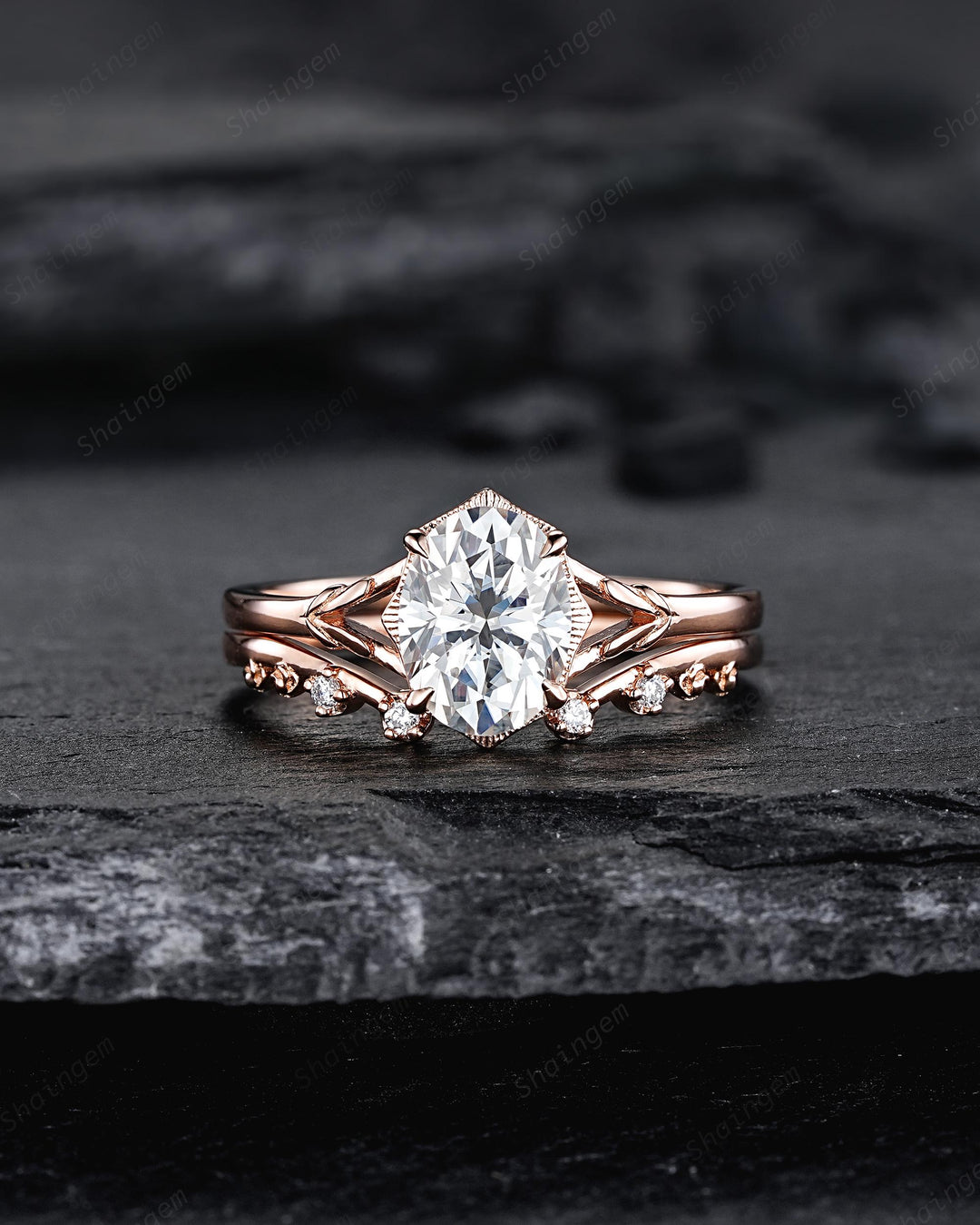Oval Shape Moissanite Solitaire Engagement Ring Set, Open Gap Platinum Leaf Promise Ring Nature Inspired Rose Gold Wedding Ring for Women - ShainJewelry