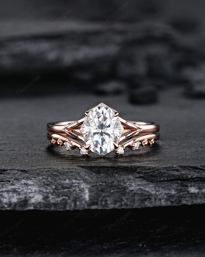 Oval Shape Moissanite Solitaire Engagement Ring Set, Open Gap Platinum Leaf Promise Ring Nature Inspired Rose Gold Wedding Ring for Women - ShainJewelry