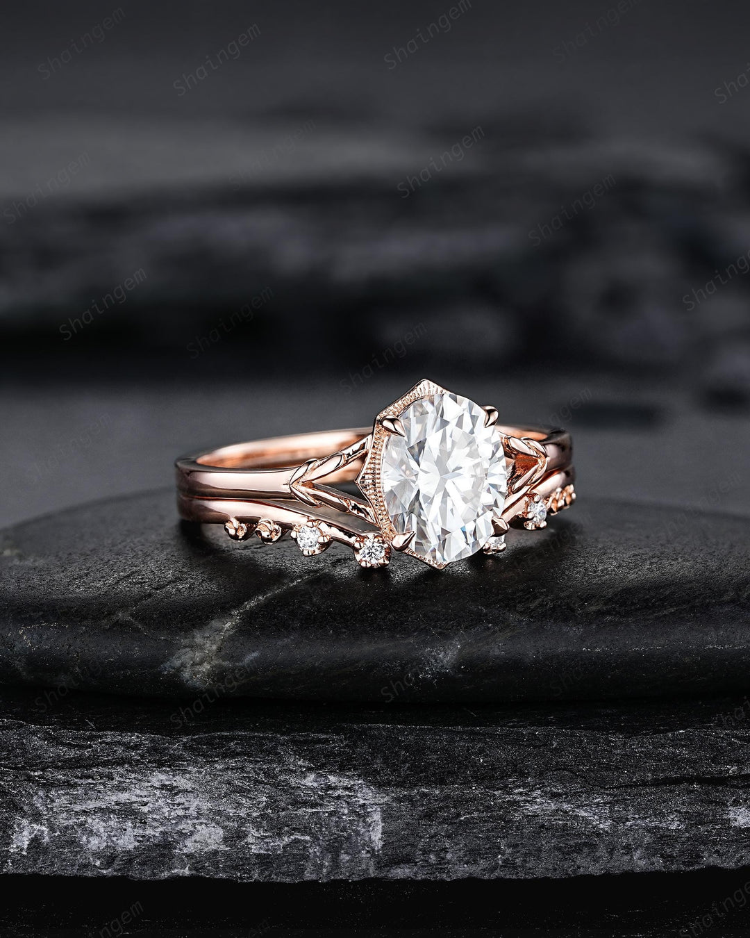 Oval Shape Moissanite Solitaire Engagement Ring Set, Open Gap Platinum Leaf Promise Ring Nature Inspired Rose Gold Wedding Ring for Women - ShainJewelry