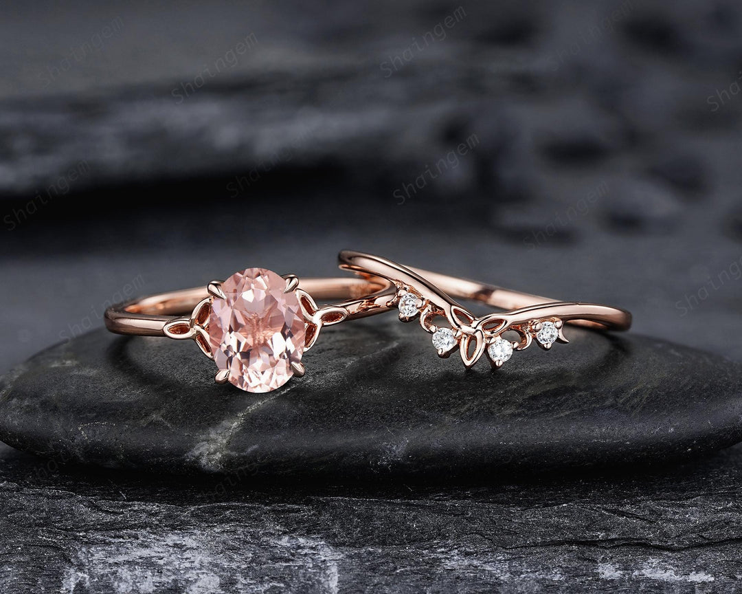 Celtic Knot Oval Shape Natural Peach Pink Morganite Engagement Ring Set, Vintage Rose Gold Wedding Promise Ring Anniversary Gift for Woman - ShainJewelry