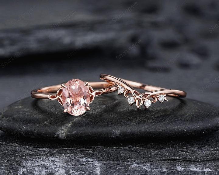 Celtic Knot Oval Shape Natural Peach Pink Morganite Engagement Ring Set, Vintage Rose Gold Wedding Promise Ring Anniversary Gift for Woman - ShainJewelry