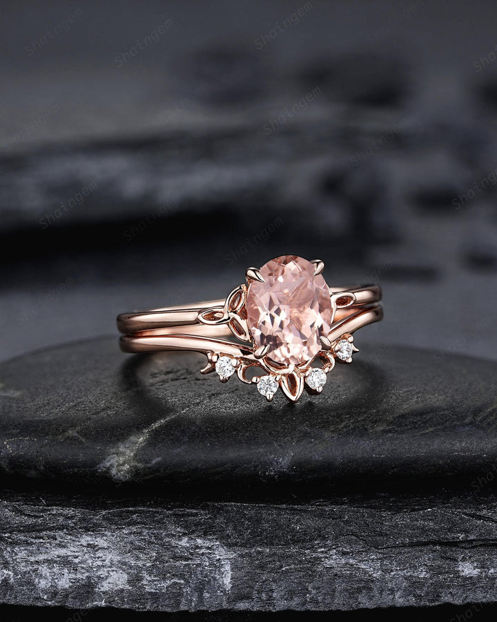 Celtic Knot Oval Shape Natural Peach Pink Morganite Engagement Ring Set, Vintage Rose Gold Wedding Promise Ring Anniversary Gift for Woman - ShainJewelry