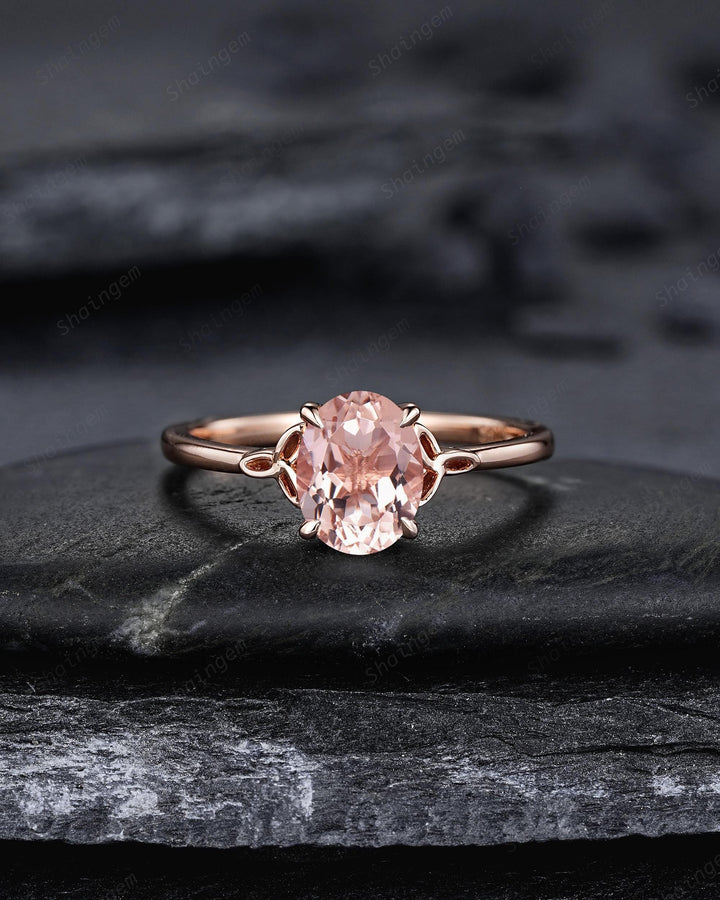 Celtic Knot Oval Shape Natural Peach Pink Morganite Engagement Ring Set, Vintage Rose Gold Wedding Promise Ring Anniversary Gift for Woman - ShainJewelry