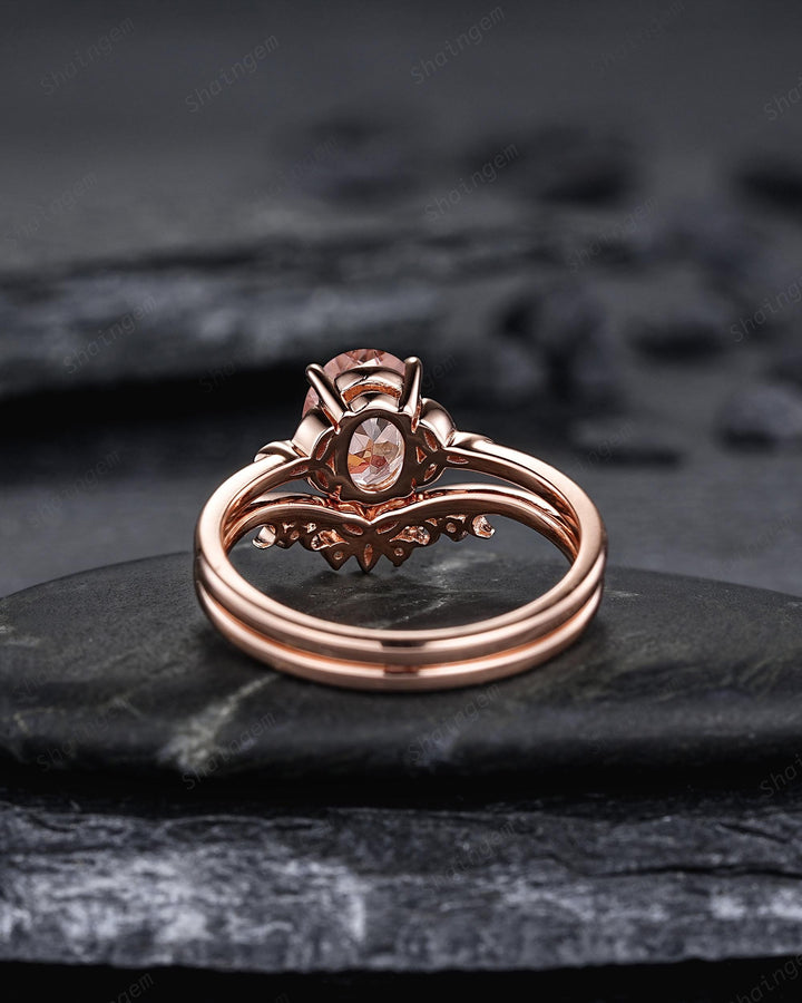 Celtic Knot Oval Shape Natural Peach Pink Morganite Engagement Ring Set, Vintage Rose Gold Wedding Promise Ring Anniversary Gift for Woman - ShainJewelry