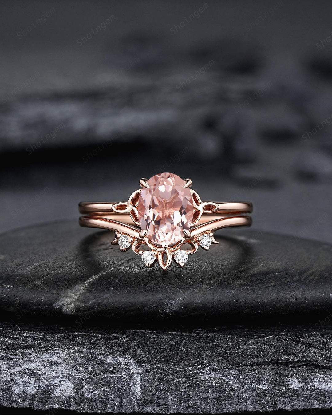 Celtic Knot Oval Shape Natural Peach Pink Morganite Engagement Ring Set, Vintage Rose Gold Wedding Promise Ring Anniversary Gift for Woman - ShainJewelry